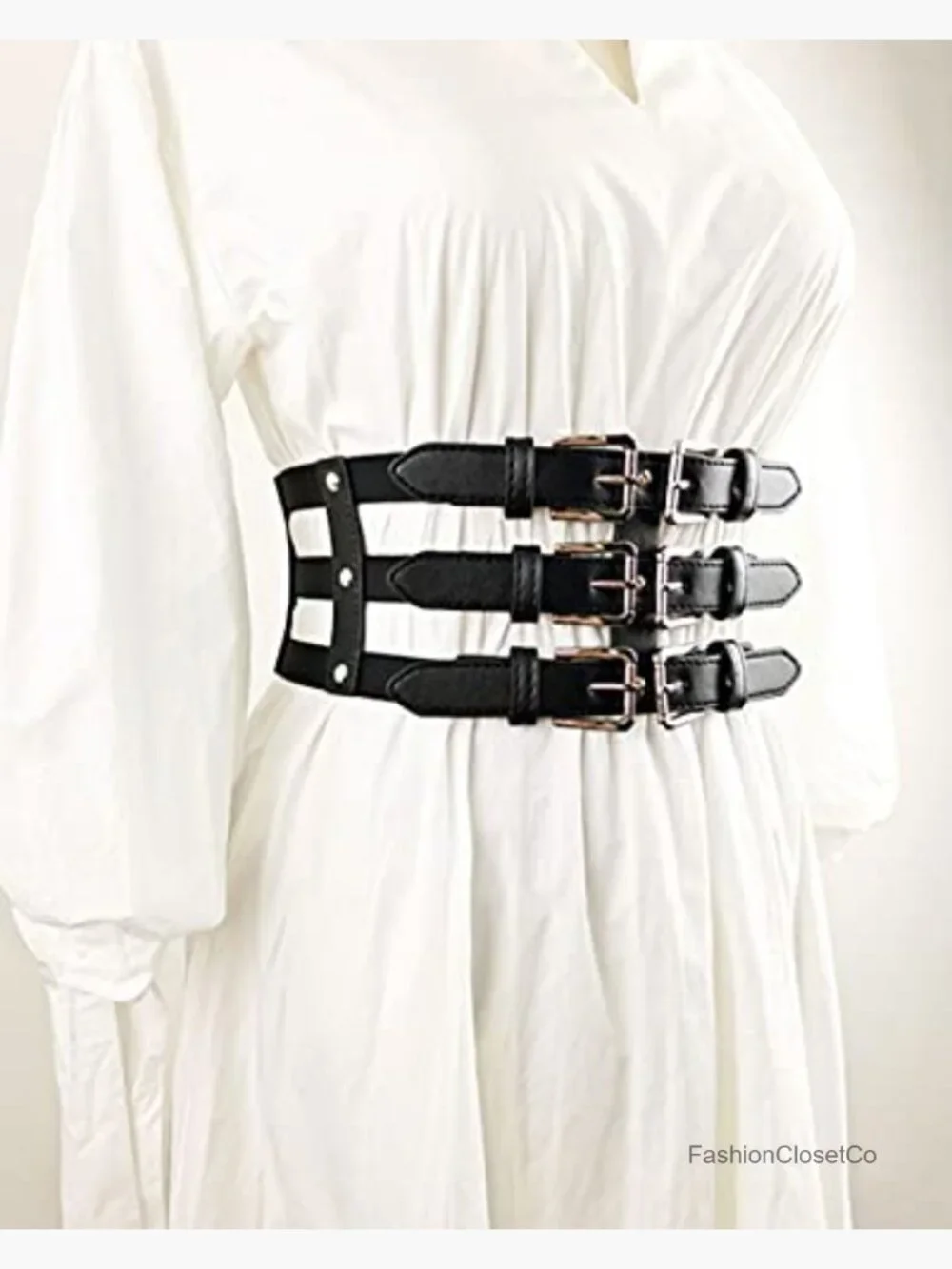 PU Leather Wide Waist Belt with Rivet and Snap Closure Stretchy Corset Belt